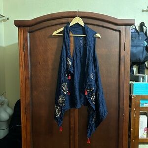 Navy Blue Embroidered Vest with Red Accents